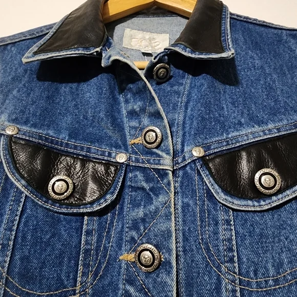Cache Vintage Denim & Black Leather Trim Vest Moto Biker Cropped Jean Jacket Sz - Picture 8 of 12
